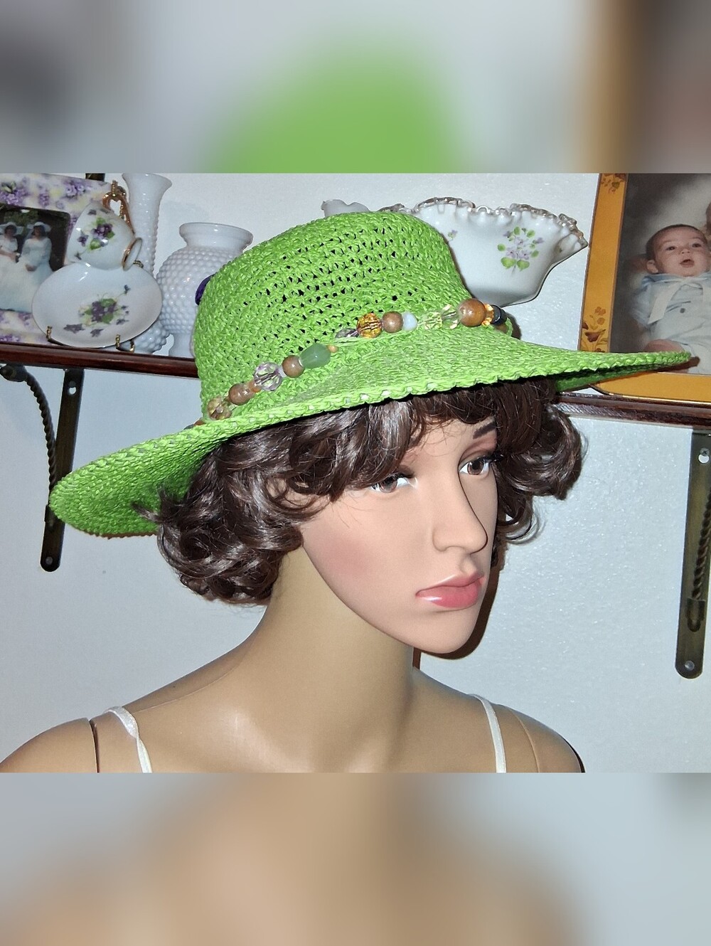 Sun N Sand Lime Green Packable Braided Hat With Beaded Band